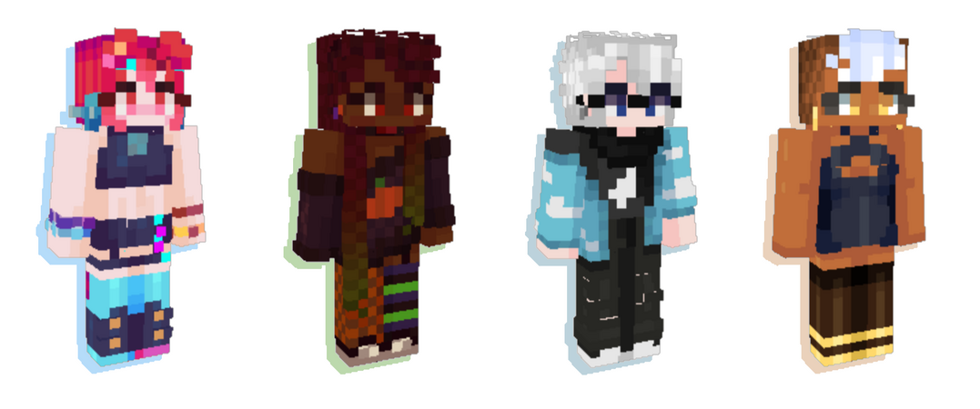 CobraRoll, Vissn, Will, Unnamed. Various Minecraft skins.